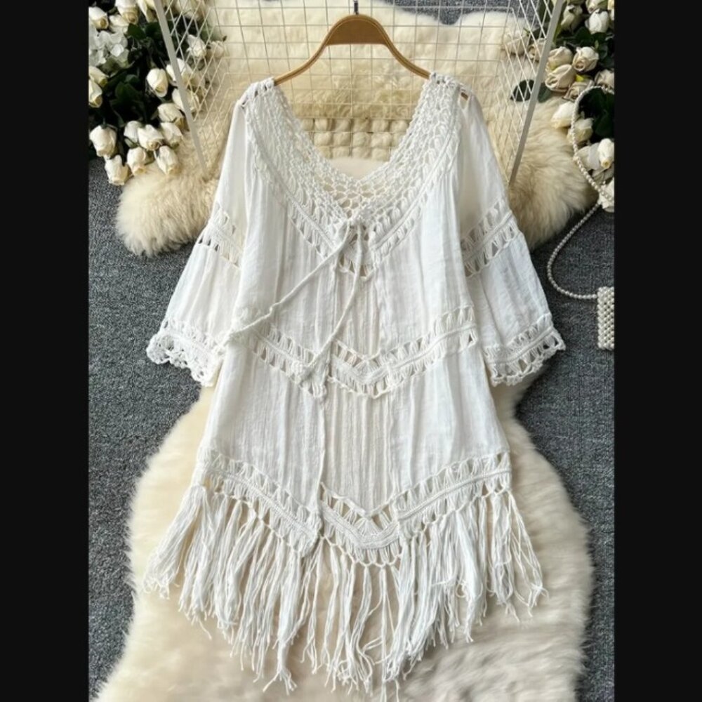 White Coverup with Crochet & Fringe one size NEW